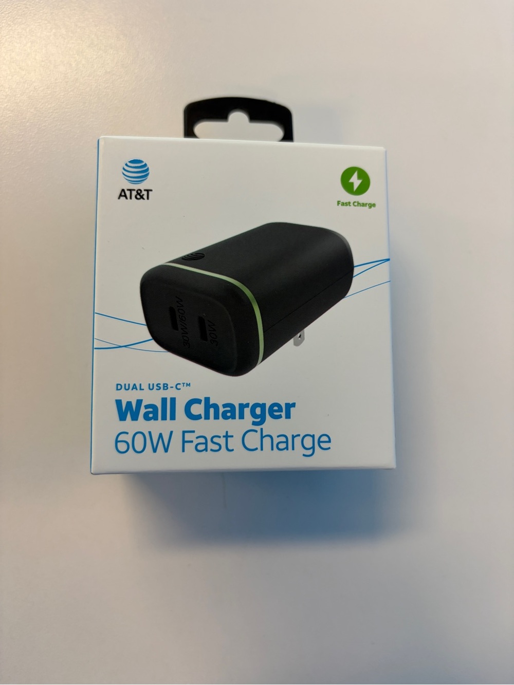 AT&T Dual USB-C 60W Fast Charge Wall Charger - Black with Green Accent